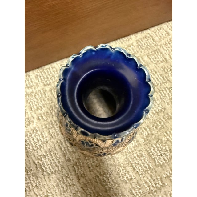 Blue Vintage Royal Doulton Carved Intricate Pattern Stoneware Vase - Beautiful - Pristine For Sale - Image 8 of 9