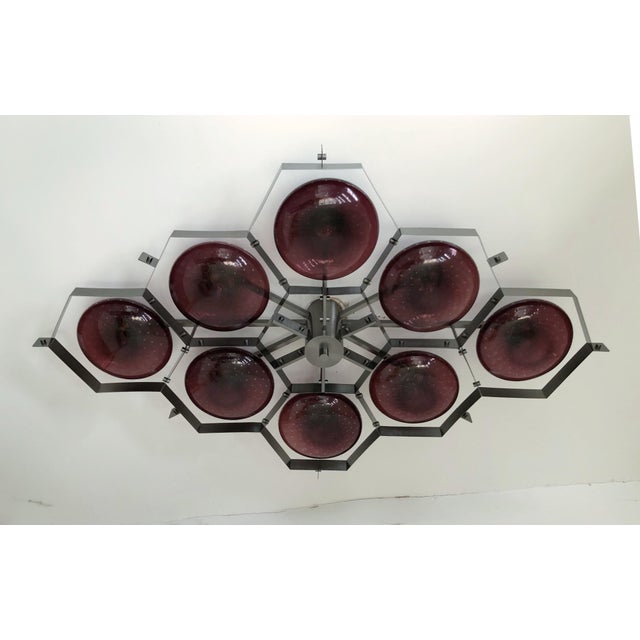 Italian midcentury flush mount with eight amethyst Murano glass shades carefully hand blown with bubbles inside the glass...