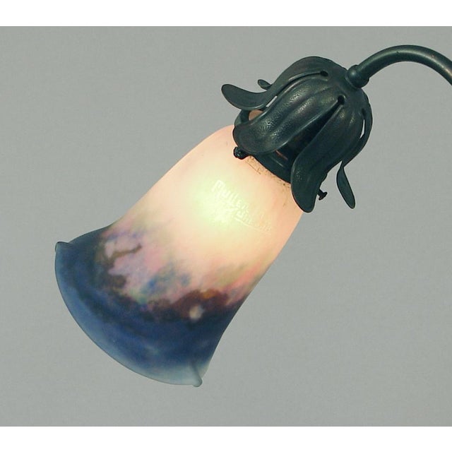 Muller Frères American 3-Light “Japanned” Chandelier, Multicolored Muller Art Glass Shades Ca. 1910 For Sale - Image 4 of 7