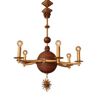 Late 20th Century Carved Wood & Iron Six-Light Chandelier For Sale