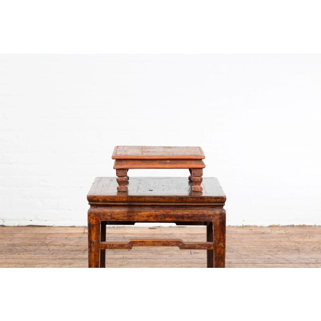 Brown Vintage Indian Low Wooden Prayer Table Stand with Carved Angular Legs For Sale - Image 8 of 13