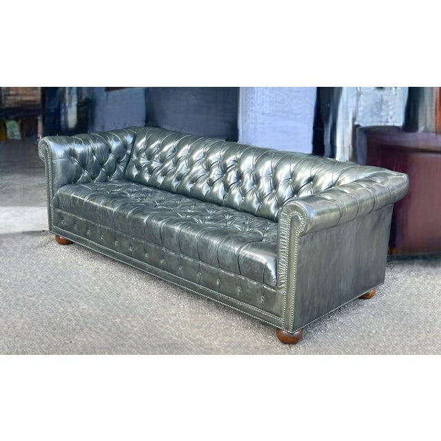 Wood 1960s Distressed Olive Green Chesterfield Leather Sofa With Tufted Back & Bun Feet For Sale - Image 7 of 11
