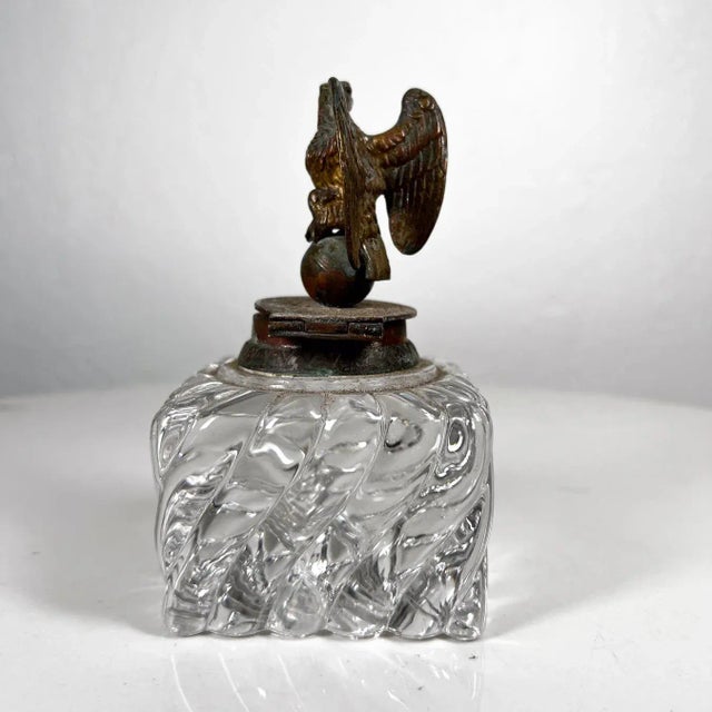 Early 20th Century Antique Vintage Cut Crystal Inkwell Brass Eagle Top For Sale - Image 5 of 10