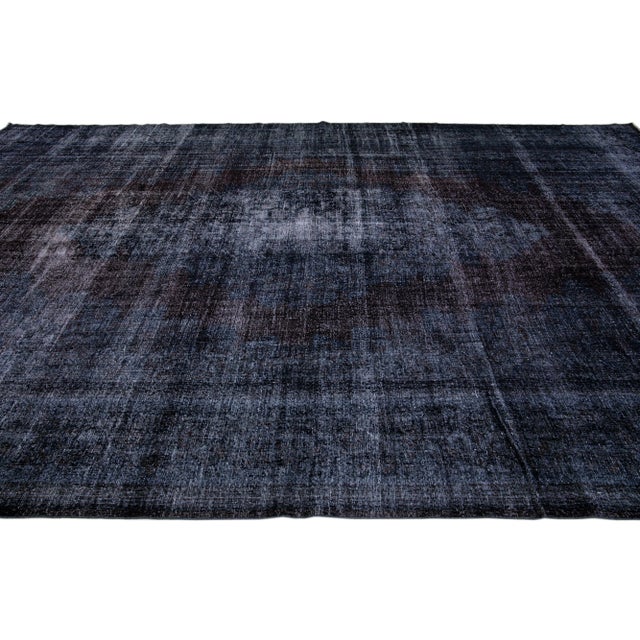 Mid 20th Century Mid 20th Century Dark Blue Vintage Handmade Overdyed Turkish Wool Rug With Medallion Motif For Sale - Image 5 of 7