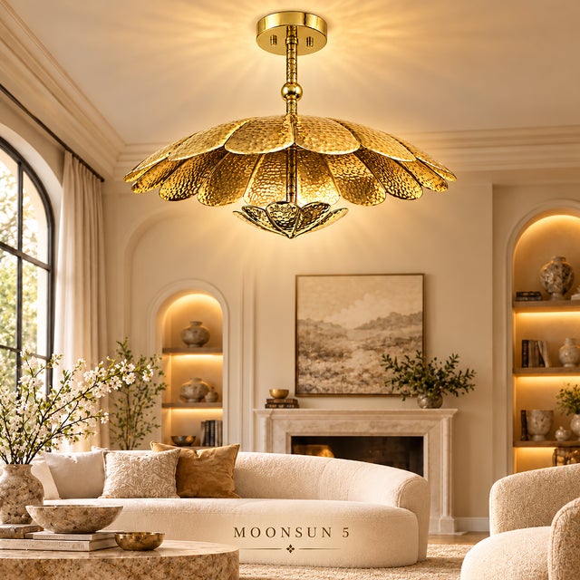 Art Deco Handmade Brass Floral Ceiling Light, Vintage Lotus Flower Chandelier, Hammered Brass Pendant Light, Scalloped Ceiling Fixture For Sale - Image 3 of 13