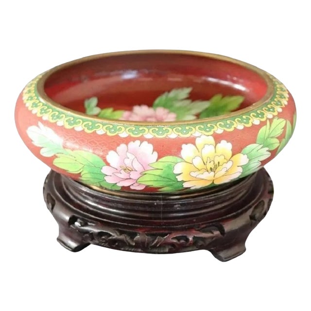 Cloisonne Bowl on Wooden Stand, 1980s, Set of 2 For Sale