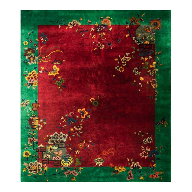 1920s Antique Red Bold Open Field Floral Modern Knotted Wool Chinese Art Deco Rug For Sale