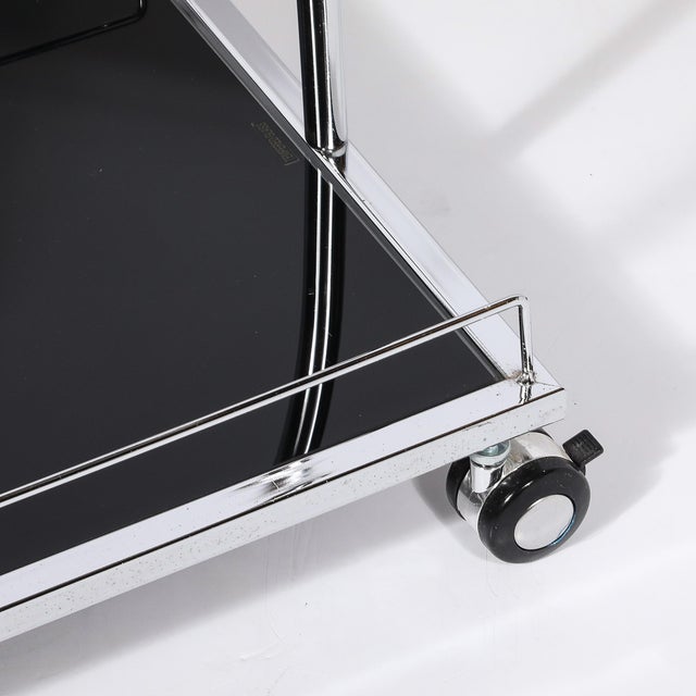 Art Deco Bullet Form Two-Tier Rolling Bar/Serving Cart in Vitrolite & Chrome For Sale In New York - Image 6 of 14