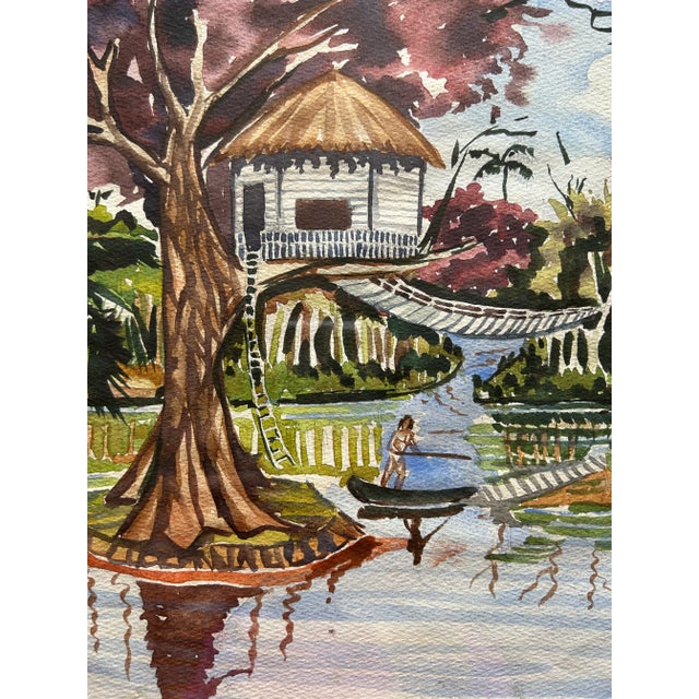 Antique Framed Watercolor Coastal Landscape With Pink Flamingos For Sale - Image 4 of 8