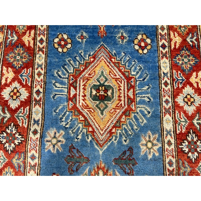 Blue and Rust Red Kazak Wool Runner Rug, Tribal Hallway Rug, 2'6" X 10'6" For Sale - Image 6 of 17