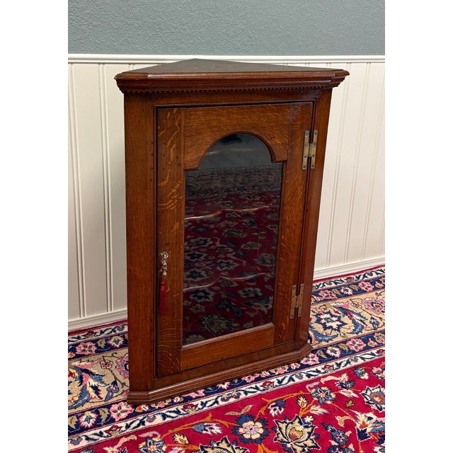 1920s Antique English Corner Cabinet Carved Oak Hanging Wall Cabinet Storage c.1920s For Sale - Image 5 of 18