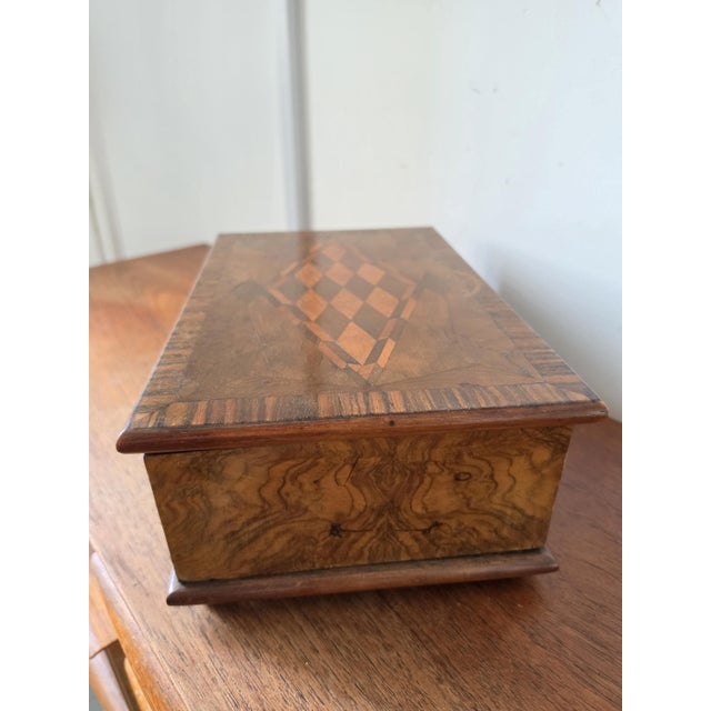 Antique Walnut Marquetry Jewelry Box With Key, Burl Wood Keepsake Box, Red Velvet Lined Locking Treasure Chest, Desk Box For Sale - Image 9 of 16