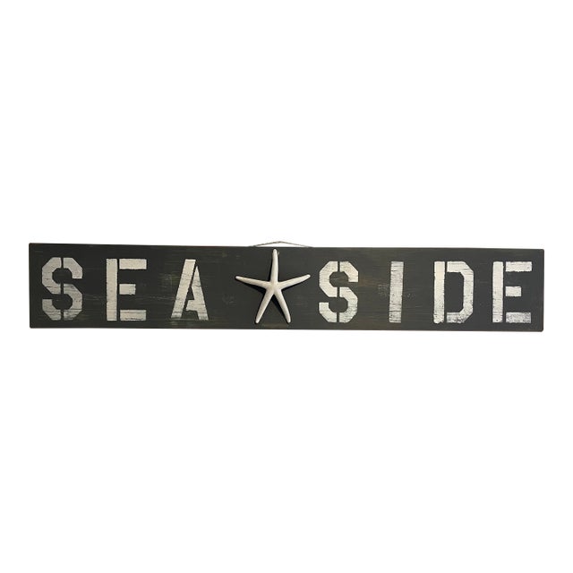Vintage Hand-Painted “Sea★Side” Nautical Wall Sign on Reclaimed Cabinet Door For Sale