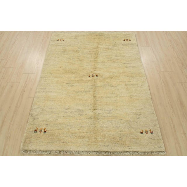 Contemporary Gabbeh Rug 4’11” X 6’5” Ivory Wool Vintage Tribal Hand-Knotted Carpet For Sale - Image 3 of 12
