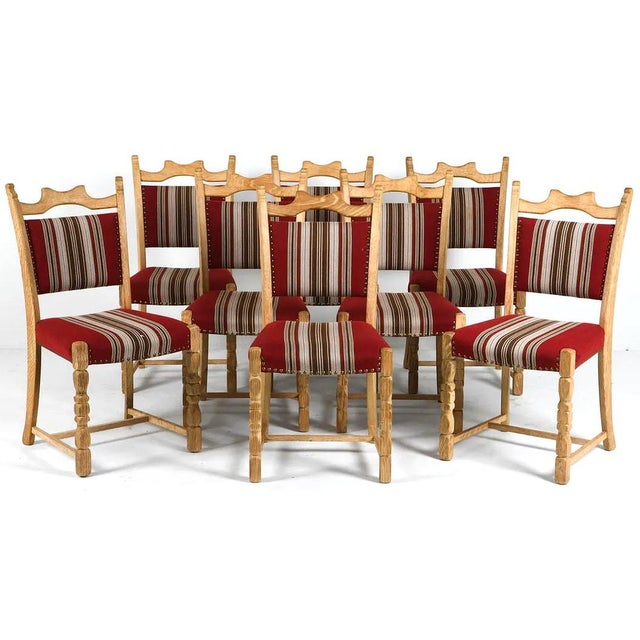 1960s Set 8 Danish Mid Century Dining Chairs Carved Oak & Striped Upholstery For Sale In New York - Image 6 of 9