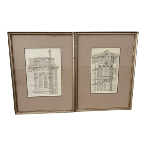 1970s Vintage Pair of Framed Architectural Drawings of Victorian Homes, Signed by Mike Pease