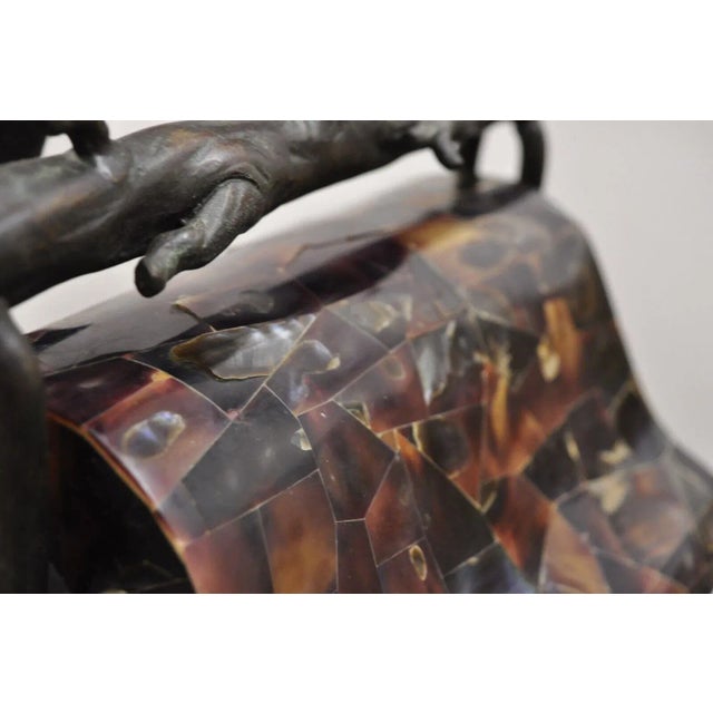 Brown Maitland Smith Figural Bronze Monkey Desk Lamp With Pen Shell Shade For Sale - Image 8 of 13