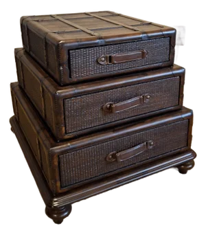 Late 20th Century Stacking Luggage-Form Leather & Woven Rattan Side Table Chest