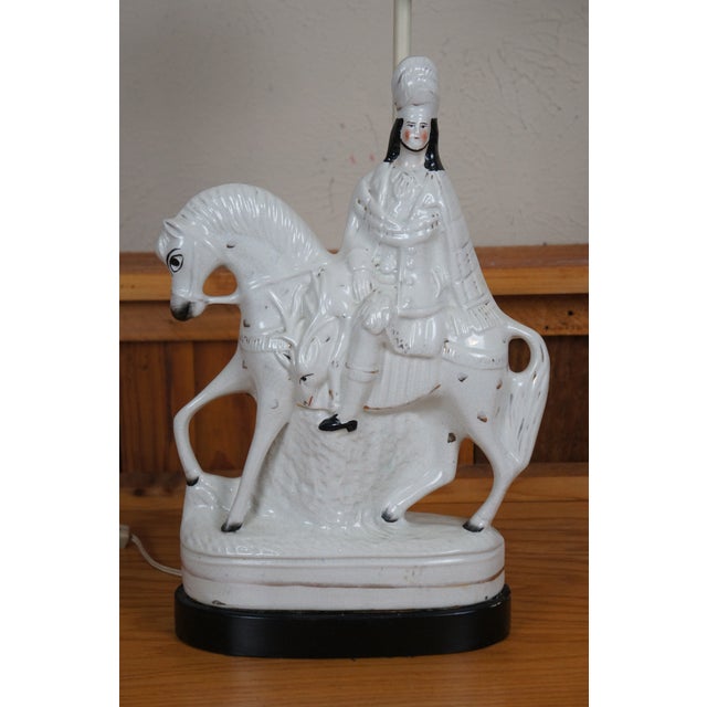 Ceramic Antique Staffordshire Scottish Highlander Horse Deer Stag Hunt Table Lamp For Sale - Image 7 of 12