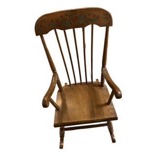 Vintage Oak Hill Child’s Wood Rocking Chair W/German-Made Music Box Fitchburg,MA For Sale