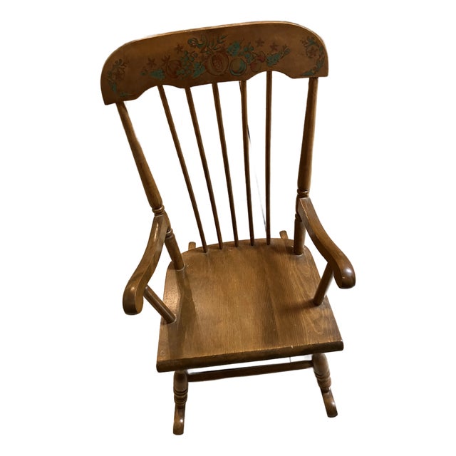 Vintage Oak Hill Child’s Wood Rocking Chair W/German-Made Music Box Fitchburg,MA For Sale