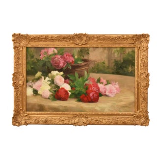Achille Théodore Cesbron, Basket of Roses, 1890s, Oil on Canvas For Sale