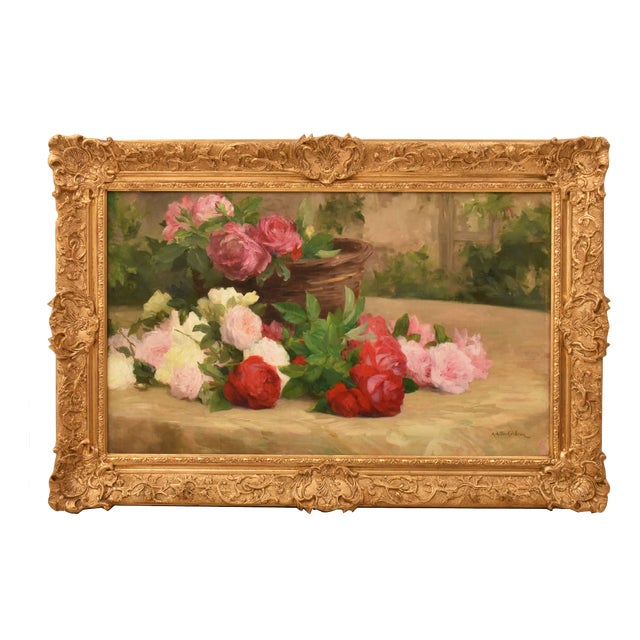 Achille Théodore Cesbron, Basket of Roses, 1890s, Oil on Canvas For Sale