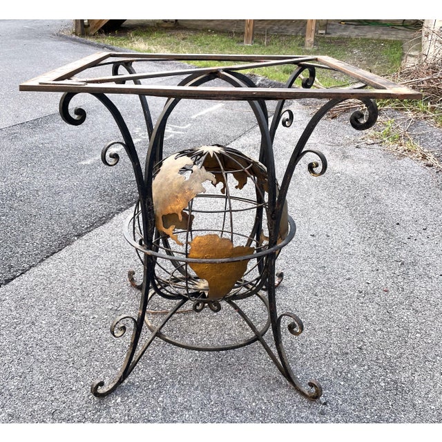 White Wrought Iron World Globe Centered Table W/ Inlaid Marble Chess Board Top For Sale - Image 8 of 12