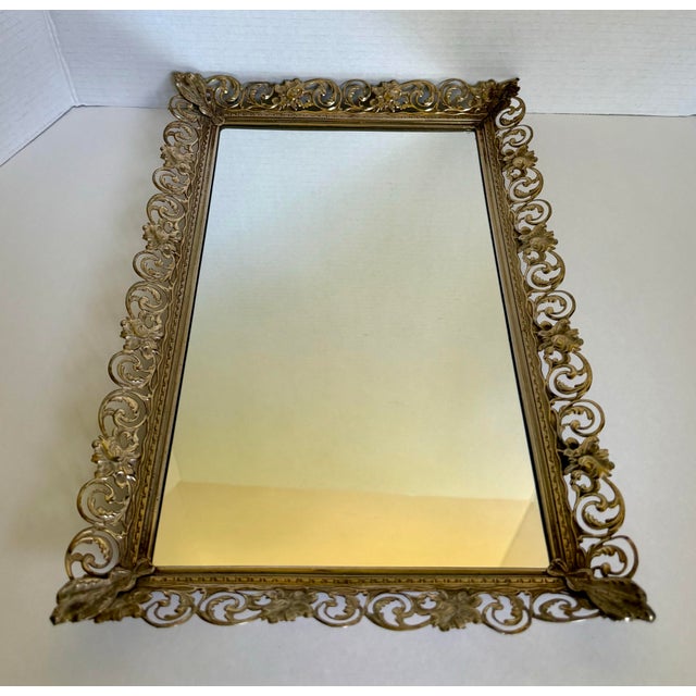 Mid 20th Century Vintage Hollywood Regency Pierced Gold-Tone Metal Wall or Vanity Mirror For Sale - Image 5 of 10