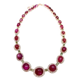 Bochic “Capri” Vintage Ruby, White Topaz & Peridot Necklace Set in 18K & Silver For Sale