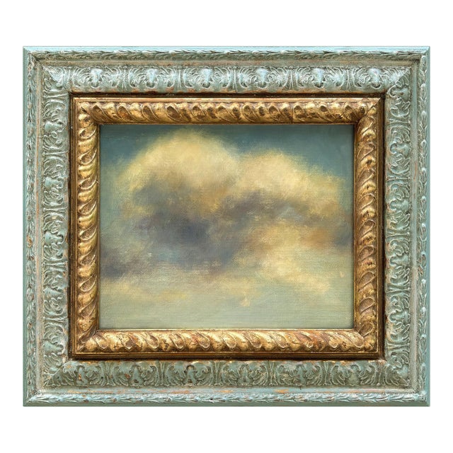 Contemporary Cloud Oil Painting in Vintage Ornate Pale Blue Frame For Sale