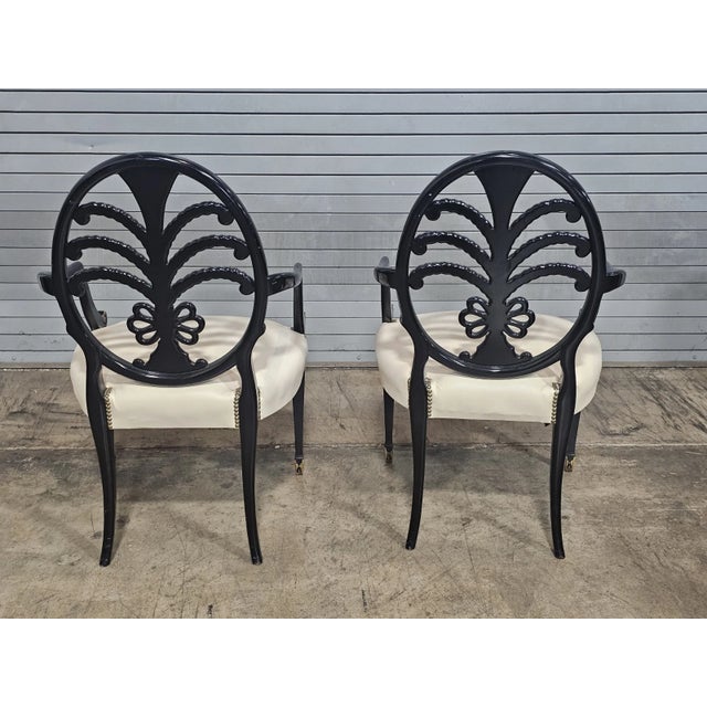 Late 20th Century Pair of Karges Hepplewhite Plum Arm Chairs Ebonized, Carved Hand Painted Leather Fabric For Sale - Image 10 of 11