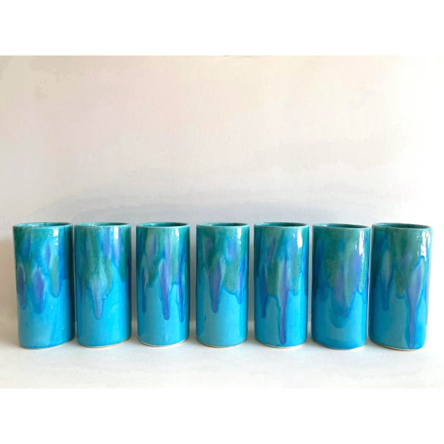 Mid 20th Century Vintage Mid Century Modern Dryden Studio Art Pottery Drip Glaze Ceramic Tumbler Cups - Set of 7 For Sale - Image 5 of 13