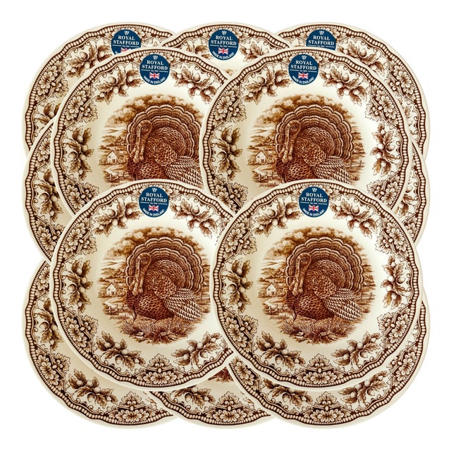 Royal Stafford English Brown Transferware Turkey Thanksgiving Dinner Plates - Set of 12 For Sale