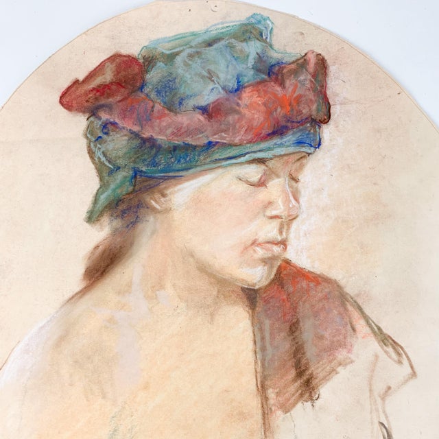 Drawing/Sketching Materials Vintage Portrait in Pastel Woman in Headdress Painting French Look Judy Horowitz For Sale - Image 7 of 10