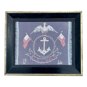 Vintage 1942 Hand Embroidered American Navy Panel Preserved in Antique Walnut Frame
