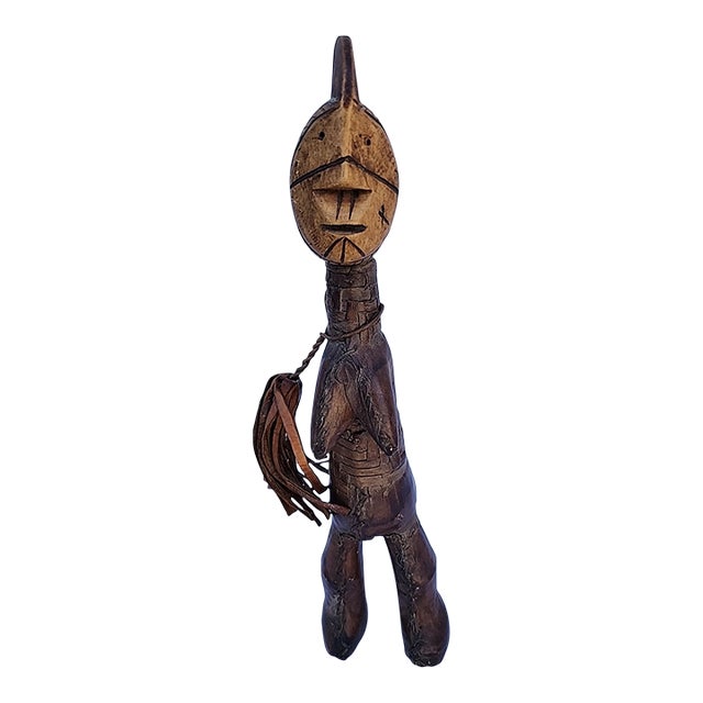 Mid 20th Century Authentic Hand-Carved African Tribal Fertility Figure – Solid Wood Leather For Sale