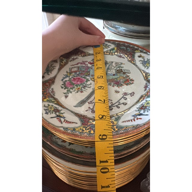 Metal Set of Four 9” Rose Canton Vintage HandPainted Chinese Porcelain Plates - Millefleur, Floral For Sale - Image 7 of 7