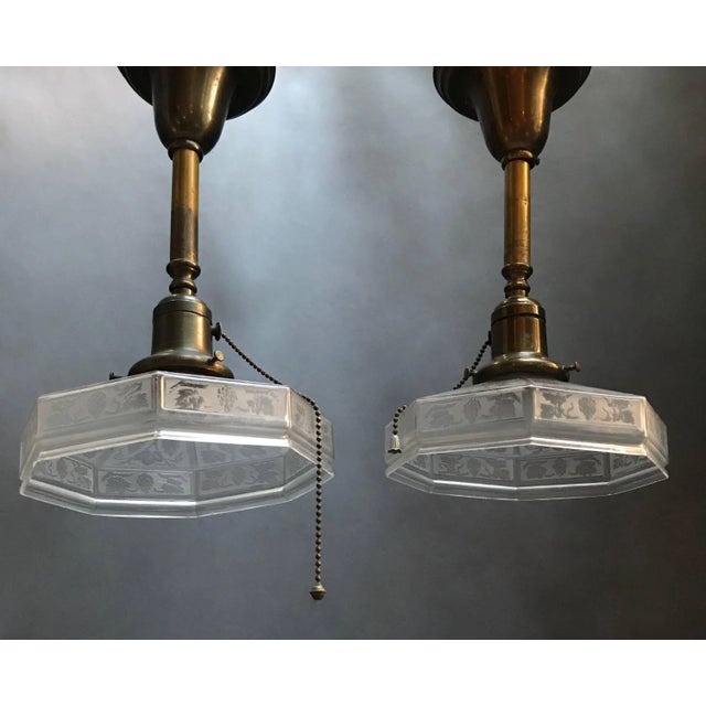 Early 20th Century Industrial Etched Octagonal Glass Pendant Lights on Brass Poles - a Pair For Sale - Image 5 of 7