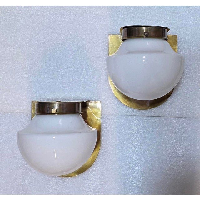 Pair Vintage Art Deco Light Old Lamp Wall Sconces Fixture Brass & Milk Glass Shade Lamp Ship Light For Sale - Image 4 of 8