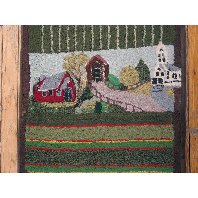 Mid 20th Century 1950s Green Scene Pictorial Folk Art Antique American Hooked Rug 1'8"x 15'2" Handknotted Wool Carpet For Sale - Image 5 of 5