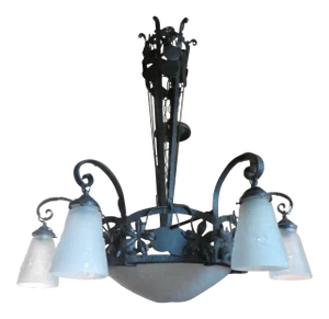 Signed Art Deco Muller Freres Wrought Iron and Frosted Glass Chandelier