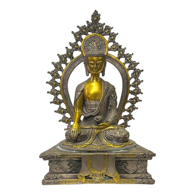 Vintage Pewter Copper Color Metal Sitting Amitabha Buddha Statue For Sale