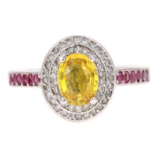 1.87 Carat Yellow Pink Sapphire Diamond 14 Karat White Gold Ring, Size 7 For Sale