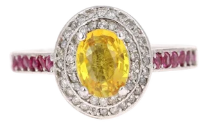 1.87 Carat Yellow Pink Sapphire Diamond 14 Karat White Gold Ring, Size 7