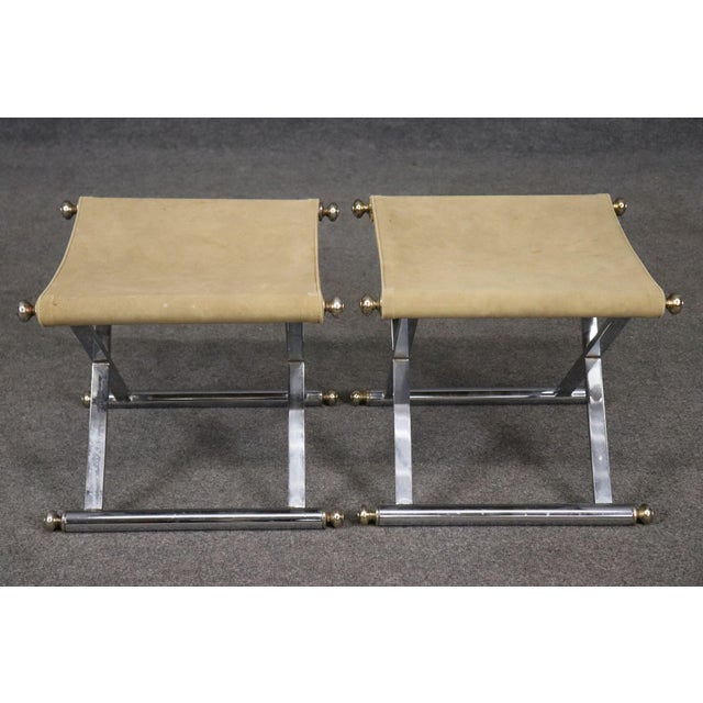 1970s Steel and Brass Leather Upholstered X Form Jansen Style Stool For Sale - Image 5 of 10