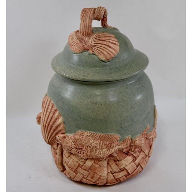 Contemporary Large 11.5” Vintage Leo & Karin Villaroman Coastal Marine Sculptural Lidded Stoneware Vessel For Sale - Image 3 of 17