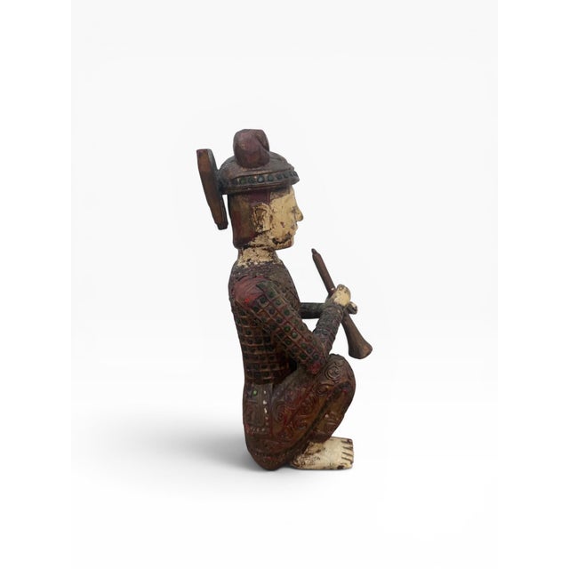 Mid 20th Century Hand-Carved Chinese Wooden Figural Sculpture of Seated Musician With Trumpet-Style Instrument For Sale In Boston - Image 6 of 17