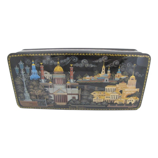 Russian Kholuy Panoramic Saint Petersburg Hand Painted Lacquer Casket Box Signed For Sale