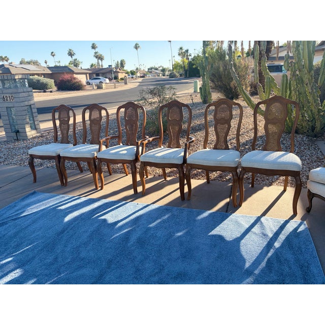 Late 20th Century Attributed to Bassett Chalons Collection Sequoia Cherry Dining Set With Cane-Back Chairs, Extension Leaf & Custom Table Pads For Sale - Image 9 of 17